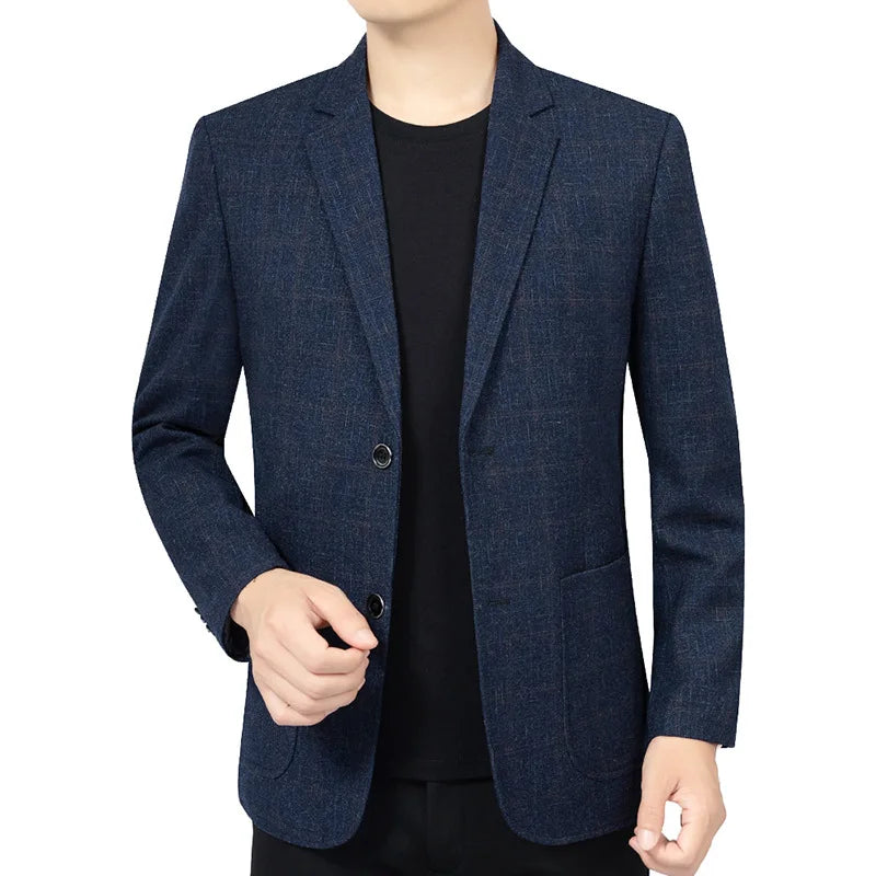 KIDWHXR Spring Autumn Men Suit Coat Fashion Plaid Turn Down Collar Man Blazer Non-ironing Business Casual Mlae Slim Jacket