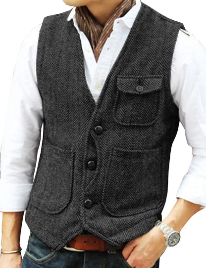 Men's Suit Vest Single Breasted Herringbone Smart Casual Wedding Business Waistcoat