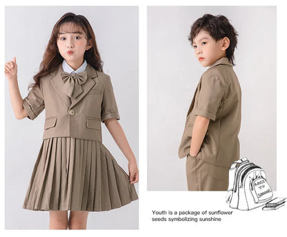 Child School Uniform Girls Korean Jacket Pleated Dress Summer Outfits Boys Blazer Formal Suits Shorts Kids Student Clothes Sets