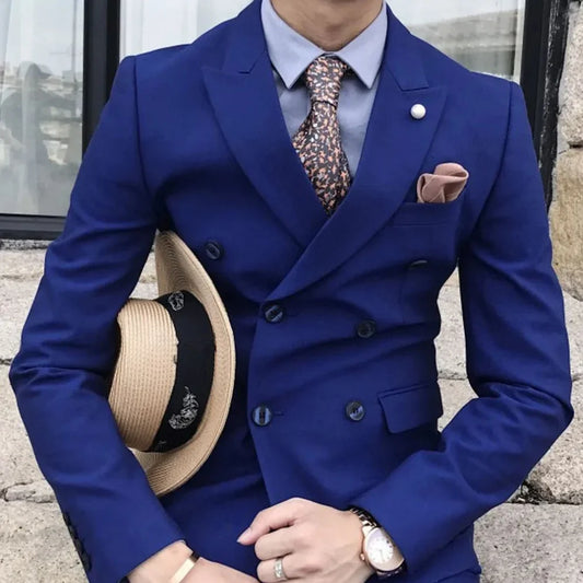 Men's 2-Piece Double Breasted Slim Fit Tuxedo Suit – Elegant Wedding & Formal Wear in Royal Blue, Gray & Black