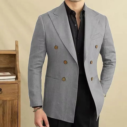 Vintage Men's Linen Blazer Double Breasted Peak Lapel Slim Fit Jacket Breathable Soft Wrinkle Free Business Casual Men Suit Coat