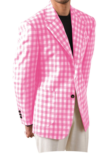 Men's Checkered Cotton Blazer Notched Lapel Single-Breasted Casual Business Summer Sport Coat with Patch Pockets