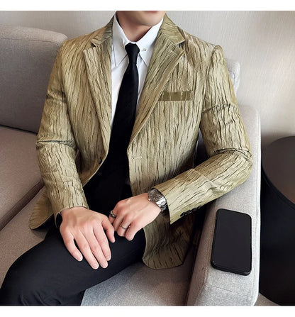 Korean Trend 3D Pleated Suit Jacket for Men Wedding Groom Business Dress Jacket Casual Banquet Party Host Blazer Masculino