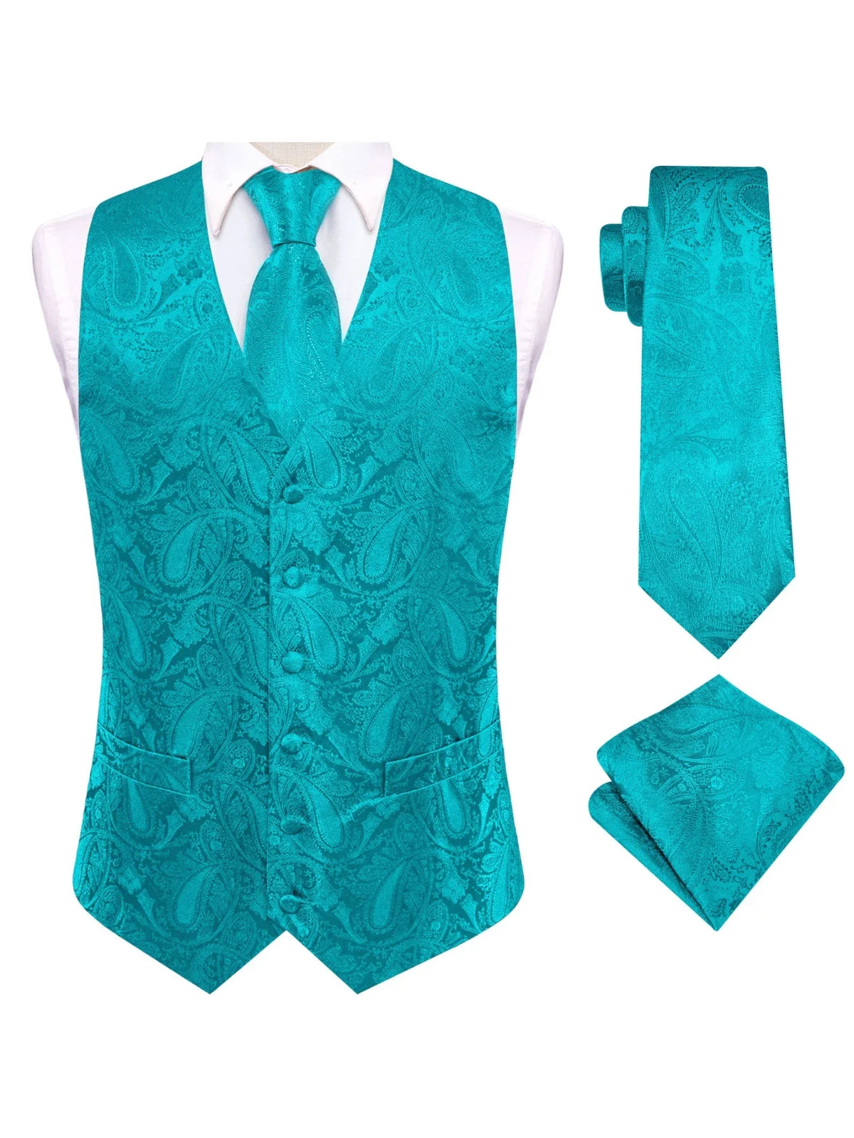 Men's Dress Waistcoat Set with Tie and Pocket Square for Party and Ceremony