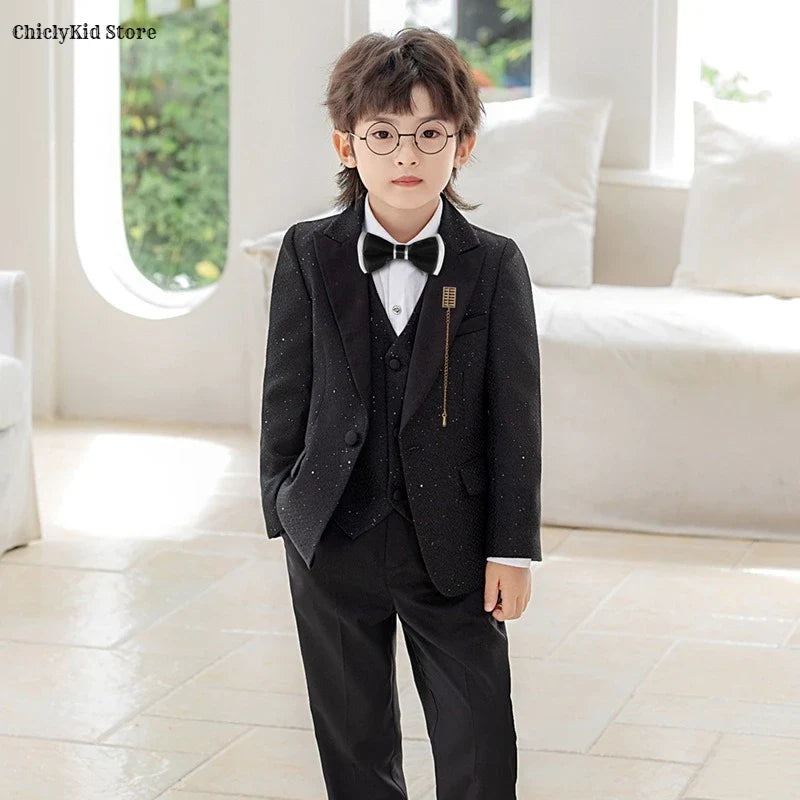 High Quality Boys Shiny Wedding Suits Kids Morning Coat Formal Dress Child Tuxedos Blazer Clothes Sets Toddler School Uniforms