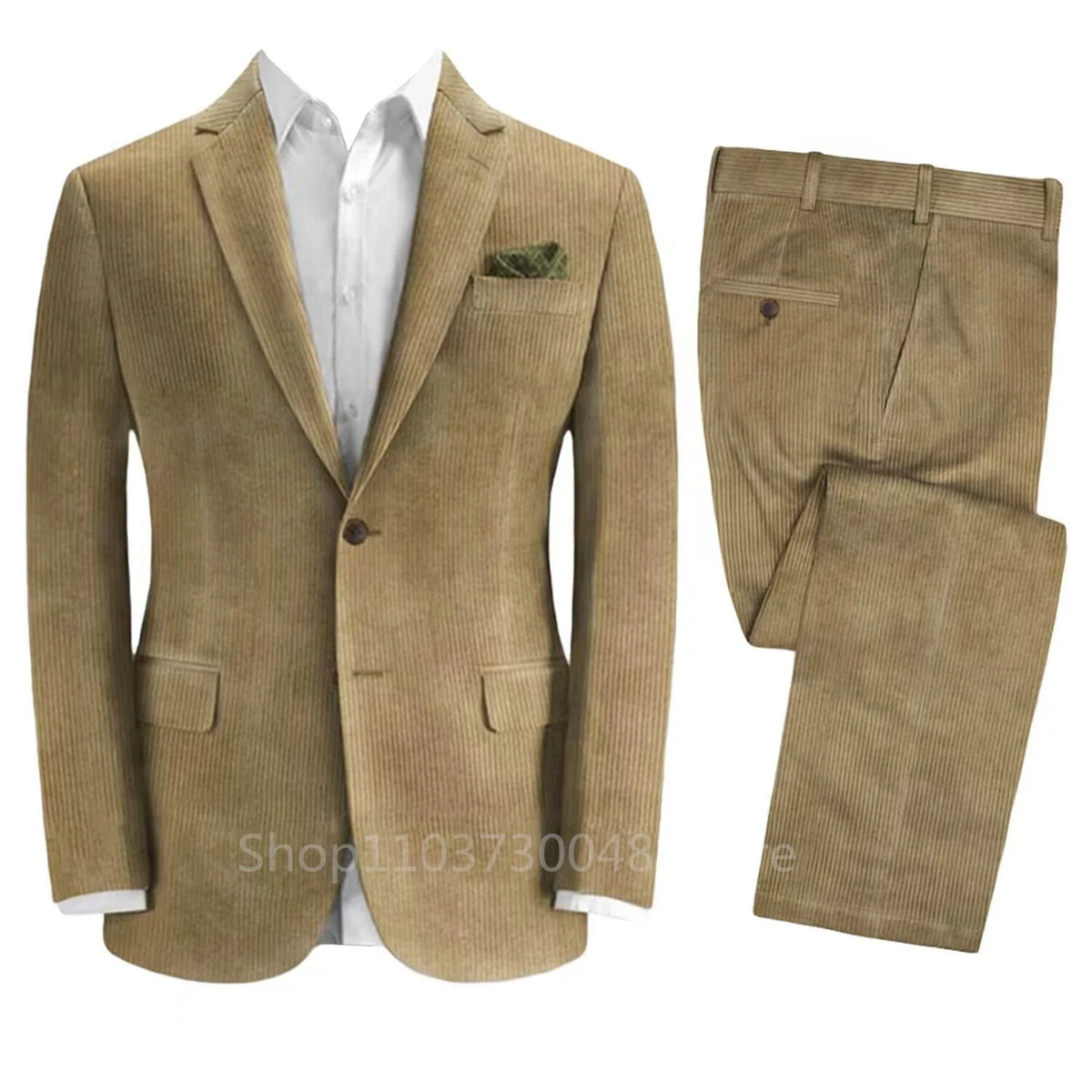 Costume Homme en Velours Côtelé Kaki Coupe Ajustée Revers Cranté Deux Boutons Blazer Pantalon Mariage Marié Smoking Ensemble 2 Pièces Affaires (Veste+Pantalon)