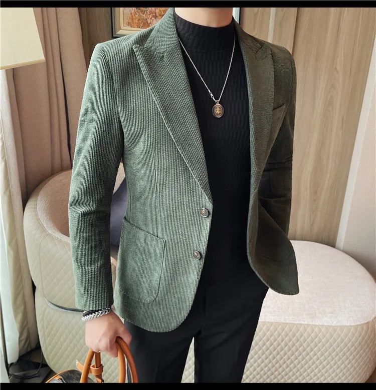 Men's Smart Casual Single Breasted Blazer – Spring Autumn Jacket in Green, Black & Coffee