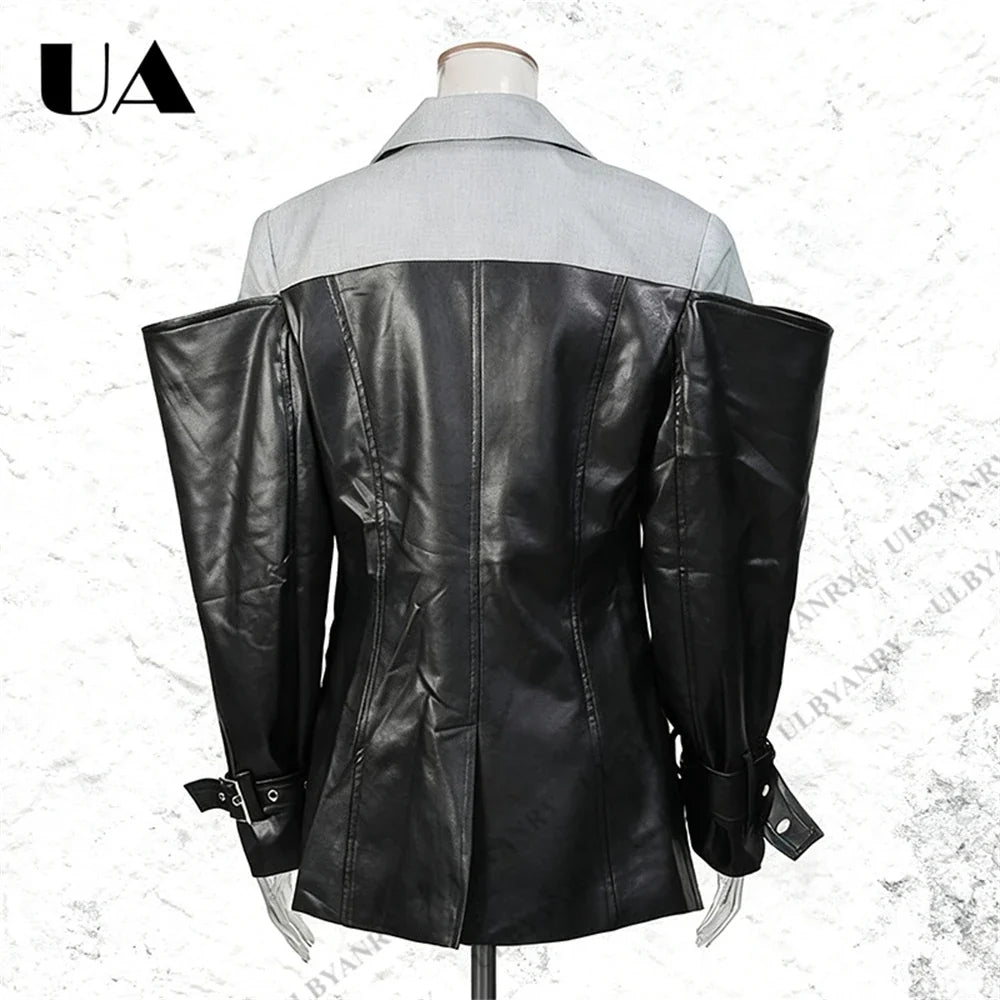 Colorblock Faux Leather Blazer with Notch Lapel Cuff Straps for Street Style Fashion Week Suit Jacket Club Night Blazer
