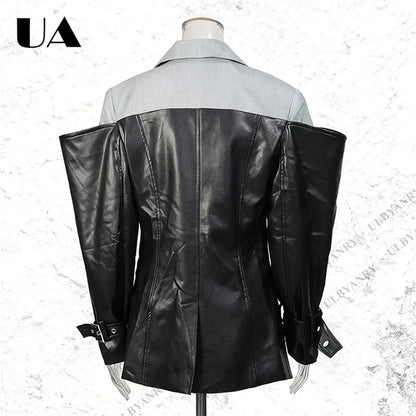 Colorblock Faux Leather Blazer with Notch Lapel Cuff Straps for Street Style Fashion Week Suit Jacket Club Night Blazer
