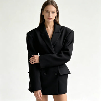 2026 Women Blazer Dress, Padded Shoulder Double-Breasted Tailored Waist Design, for Parties Office Dating Events