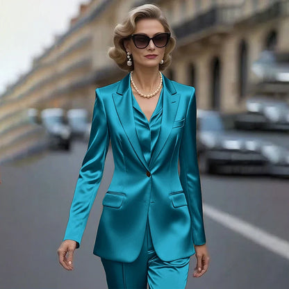 Women's Gold Satin Blazer Suit Set Stylish Single-Breasted Jacket+Pants Luxe Shiny Two-piece for Cocktail Party Wedding Guest