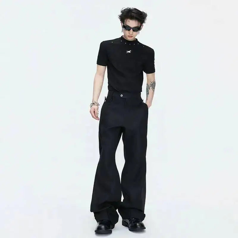 2026 Spring Patchwork Design Cross Collar Solid Color Casual Jacket Men Fashion Elegant Temperament Straight Pants JY6553