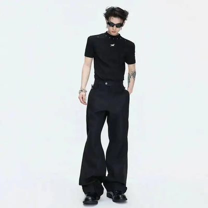 2026 Spring Patchwork Design Cross Collar Solid Color Casual Jacket Men Fashion Elegant Temperament Straight Pants JY6553