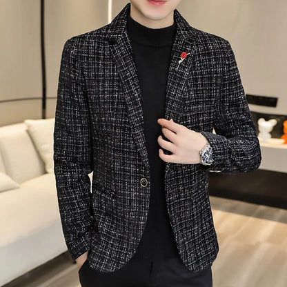Korean Fashion Woven Suit Jacket for Men Autumn Slim Fit Casual Men Blazers Street Wear Social Business Dress Coats Men Clothing