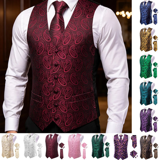 Men's Suit Vest 4-Piece Set Paisley Jacquard Red Pink Purple for Weddings & Banquets