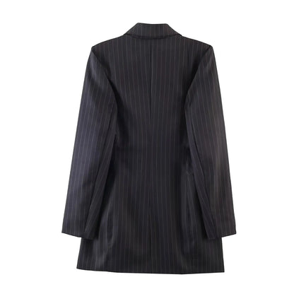 Women New Fashion Charcoal Gray Pinstripe Double-breasted Blazer Coat Female Versatile Lapel Long Sleeve Office Suit Jacket