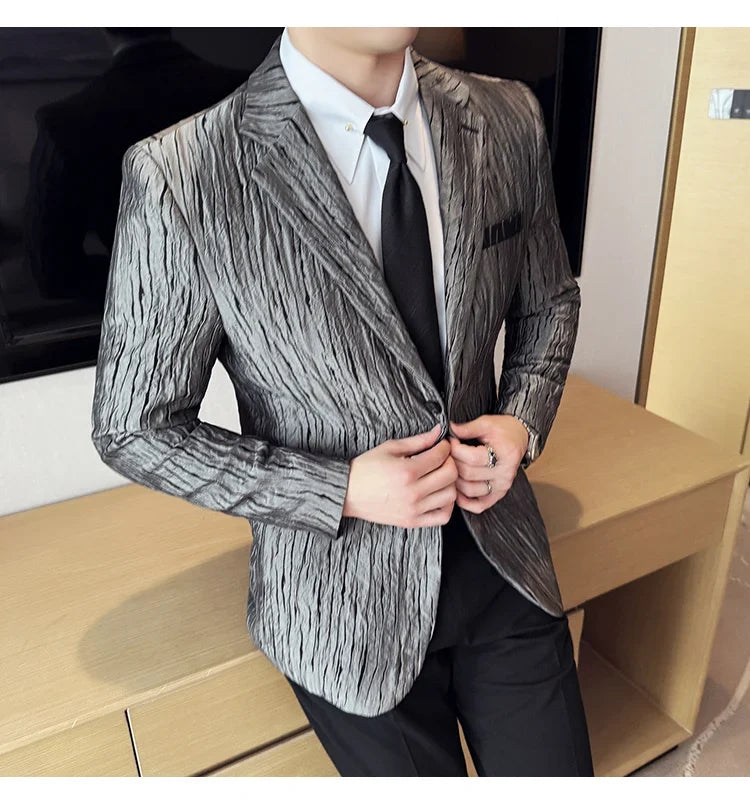 Korean Trend 3D Pleated Suit Jacket for Men Wedding Groom Business Dress Jacket Casual Banquet Party Host Blazer Masculino