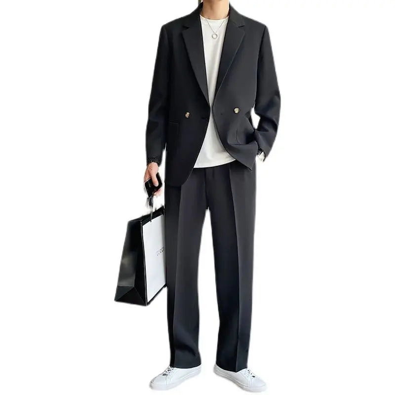 Men's Spring Autumn Casual Blazer Set Korean Slim Fit Lightweight Loose Smart Chic Suit Jacket Fashion Trendy Top