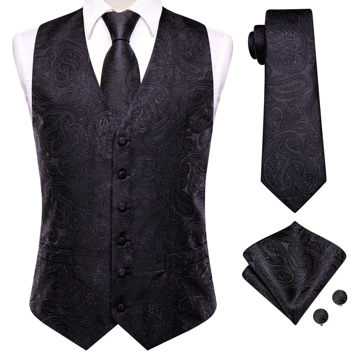 Men's Vest Tie Hanky Cufflinks Set – Wine Black Paisley Jacquard for Weddings & Formal Events