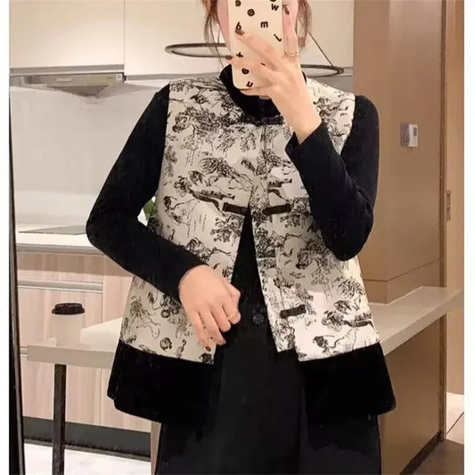 Women Light National Style Button Ink Tang Costume Coat Spring Autumn Female Sleeveless Small Coat Ladies New Chinese Style Vest