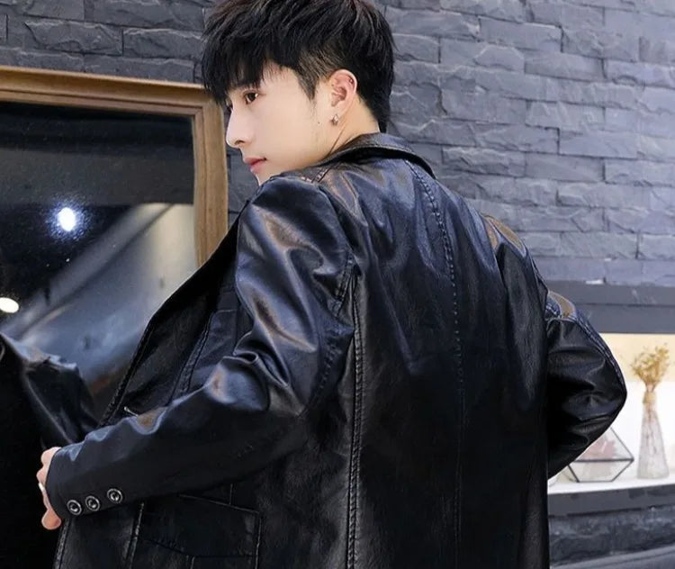 Men's Faux Leather Blazer Jacket Autumn Winter Warm Fleece Lined Casual Versatile Outerwear