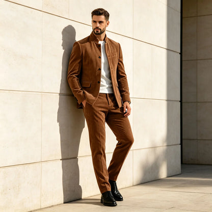 Men's Corduroy 2-Piece Suit – Mandarin Collar Single Breasted Blazer & Pants for Business & Formal Occasions