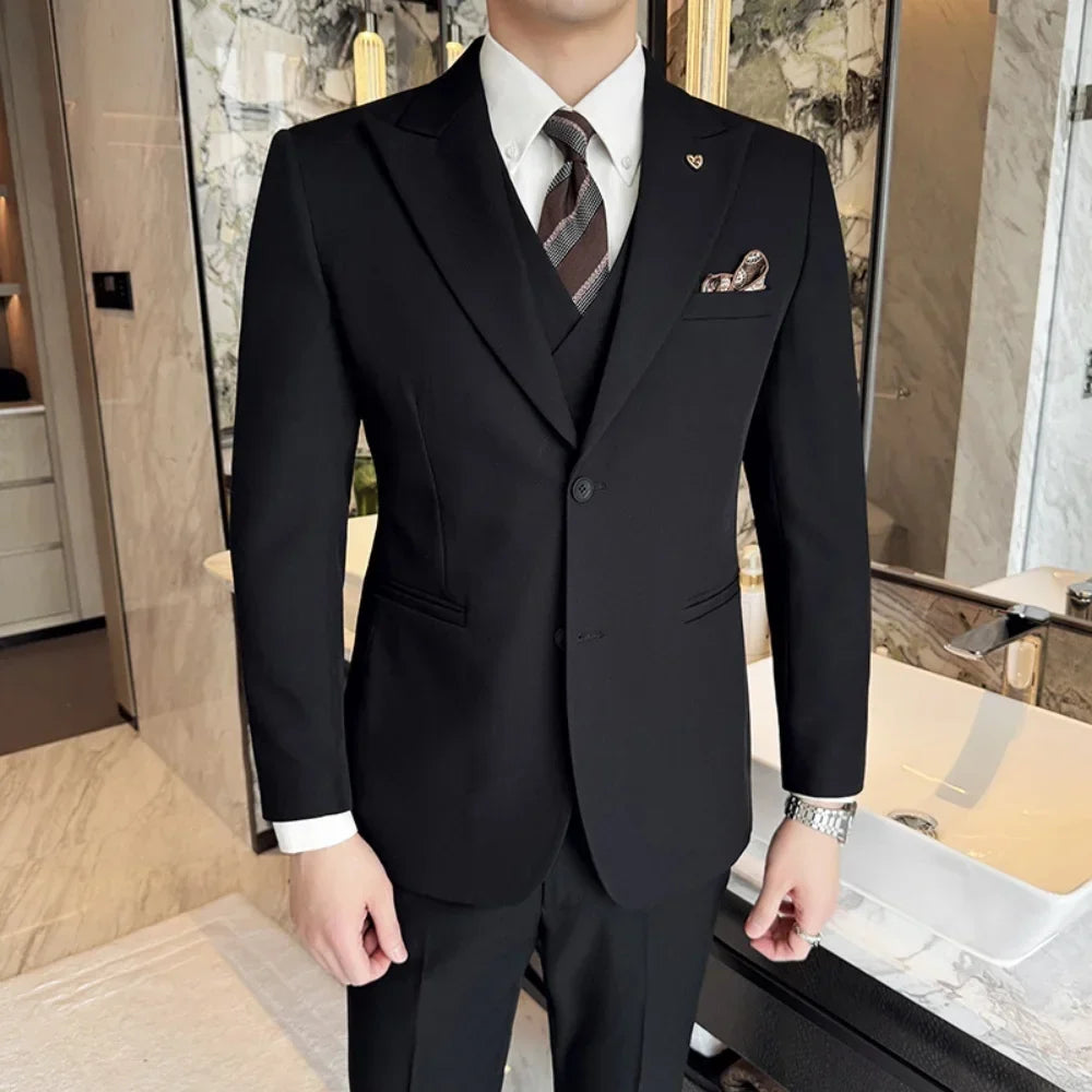Men's 3 Piece Slim Fit Business Suit Groom Tuxedo With Double Breasted Blazer Vest And Pants For Wedding Party