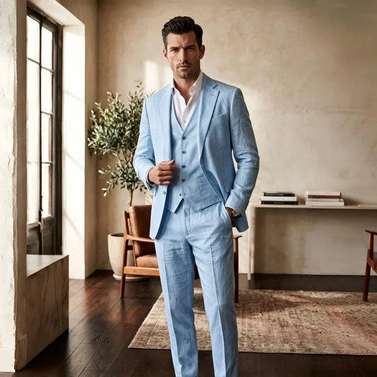 Costume en lin respirant 3 pièces pour homme avec blazer, gilet et pantalon, idéal pour les mariages d'été à la plage ou les soirées décontractées