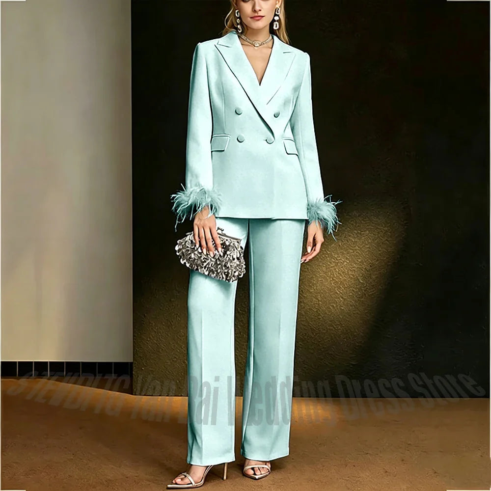 Luxury White Feather Women's Suit Elegant Classic Double Breasted Jacket Pants Formal Evening Party Wedding Guest Outfit