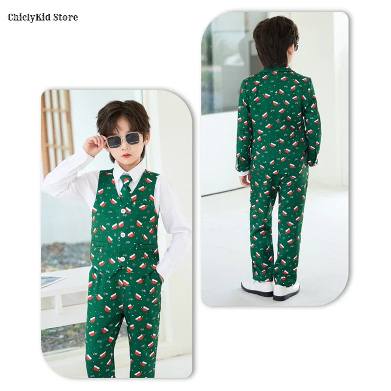 Boys Christmas Blazer Jacket Waistcoat Pants Wedding Suits Kids Morning Coat Formal Dress Children Tuxedos Toddler Clothes Sets