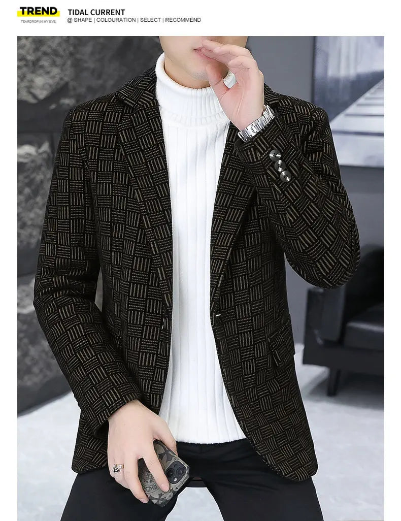2026 Blazer Autumn and Winter Men's Fashion Outdoor Wedding Trend Slimming Business Casual Korean Version Thickened Warm Blazer
