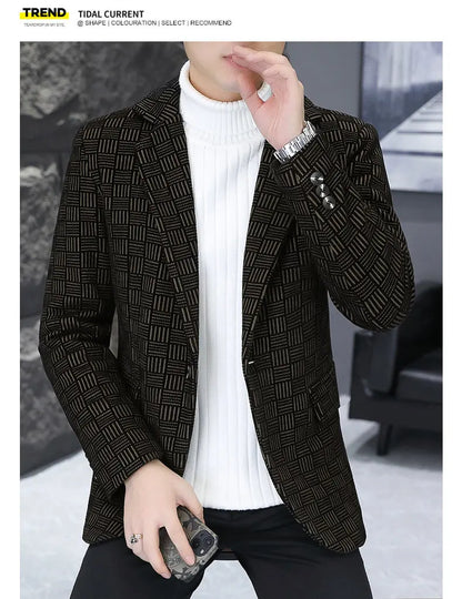 2026 Blazer Autumn and Winter Men's Fashion Outdoor Wedding Trend Slimming Business Casual Korean Version Thickened Warm Blazer