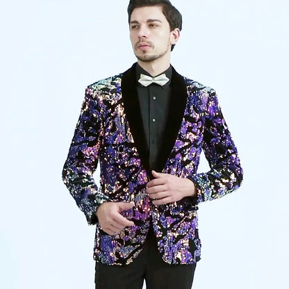Men's Slim Fit Velvet Tuxedo Blazer Sequin Shawl Lapel One Button Wedding Party Banquet Jacket Shiny Suit Singer Studio Shoot