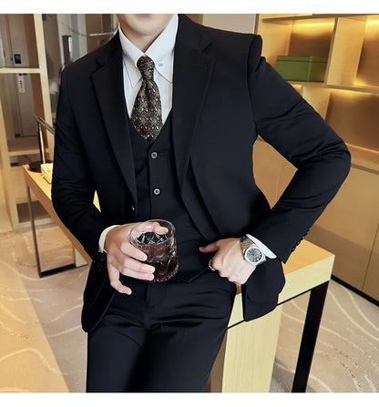 British Style Fake Two-piece Suit Set Men's Wedding Groom Dress 3 Piece Set Suit Vest Trousers Slim Office Business Casual Suits