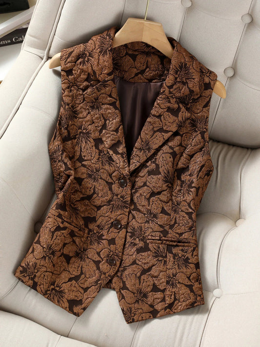 Women's Sleeveless Jacquard Blazer Vest, Vintage Floral Print Button Down Waistcoat, Elegant Brown Suit Vest for Layering