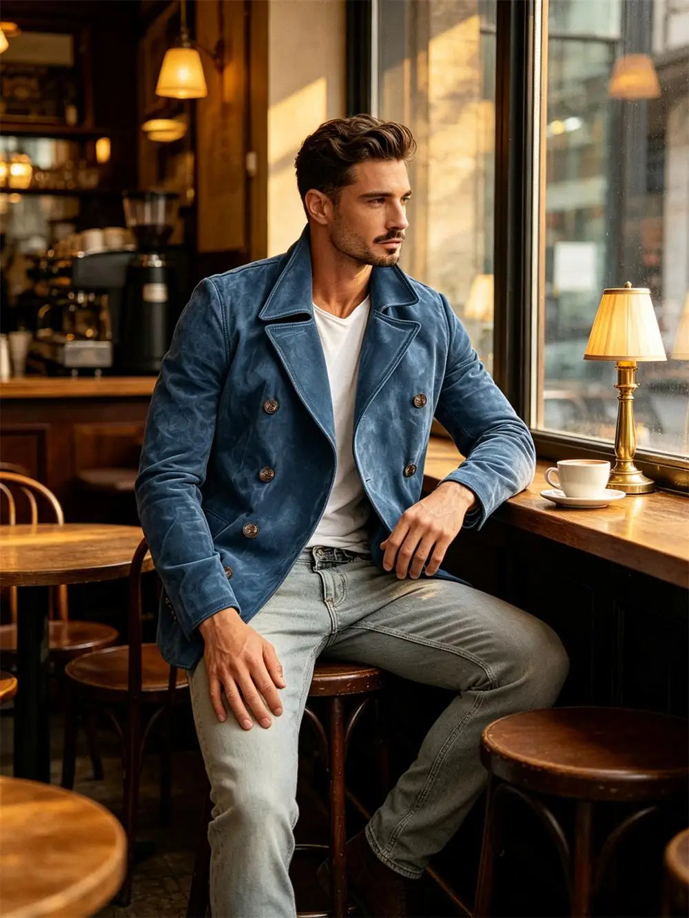 Men Faux Suede Jacket Double Breasted Lapel Collar Casual Blazer Vintage Comfort Business Office Autumn Winter Fashion Male Coat
