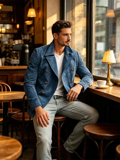 Men Faux Suede Jacket Double Breasted Lapel Collar Casual Blazer Vintage Comfort Business Office Autumn Winter Fashion Male Coat