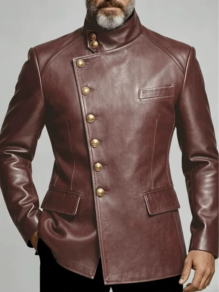 Men Vintage PU Leather Stand Collar Asymmetric Placket Jacket Slim Fit Diagonal Button Fashion Casual Outer Coat Male