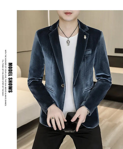 Blazer: An Outdoor Fashion Business Gentleman Wedding Host Slim-fit Casual Korean-style Youthful Men's Golden Velvet Blazer