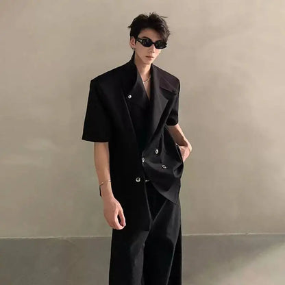 2026 Summer Fashion Double Breasted Solid Color Short Sleeve Blazer Coat Men's Elegant Temperament Korean Clothes JY6389