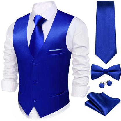 Men's Suit Vest 5-Piece Set – Solid Color V-Neck Waistcoat with Tie, Bow Tie, Pocket Square & Cufflinks for Wedding & Business