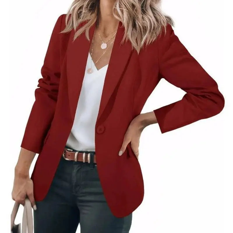 Fall 2024 Women's Casual Long Sleeve Button-Up Collar Pocket Single-Breasted Office West Suit Polyester Blend Fashion Style