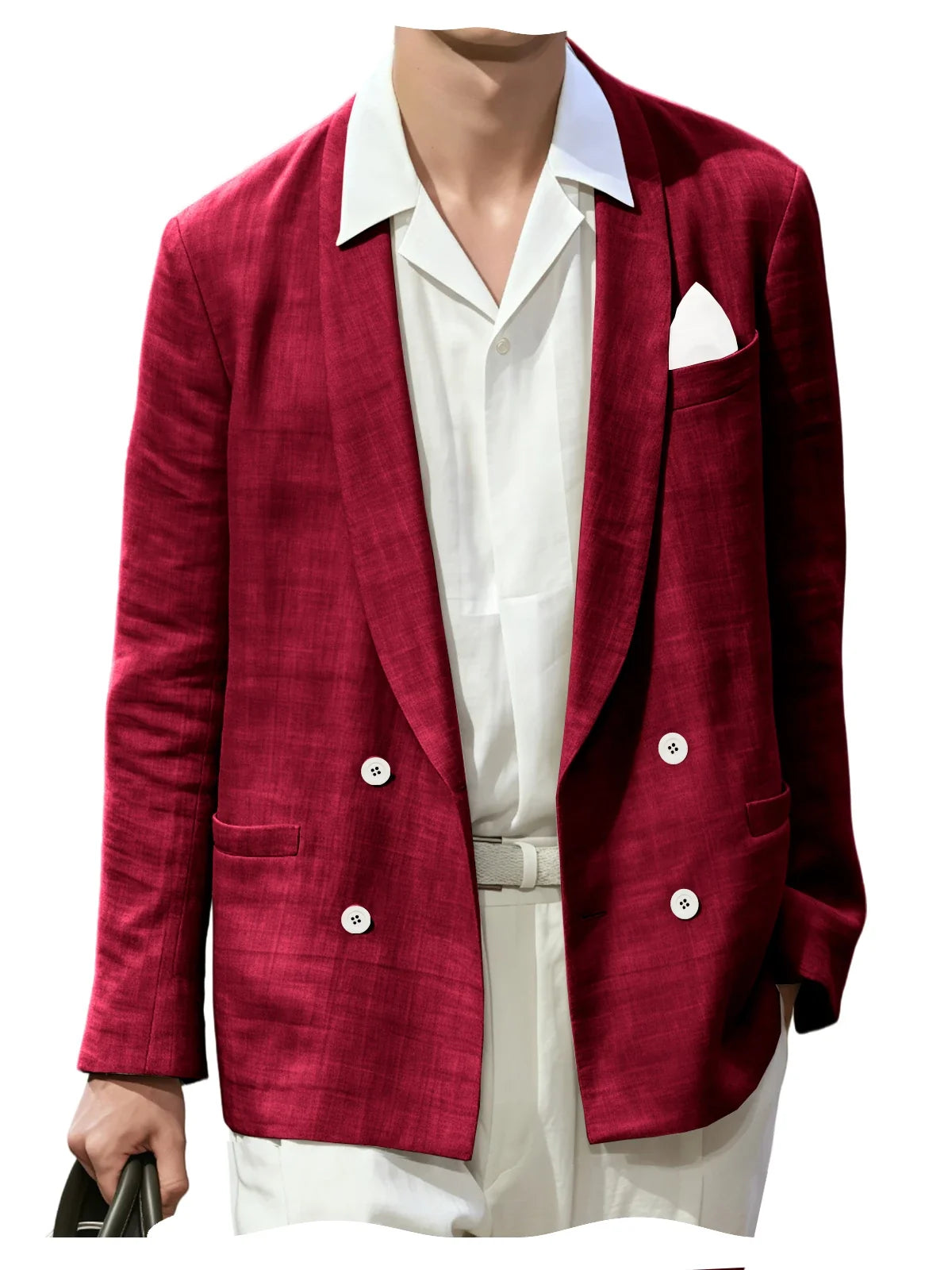 Summer Cotton Linen Blend Men Blazer Double Breasted Casual Suit Jacket Lightweight Soft Elegant Dress Coat For Prom Work Party
