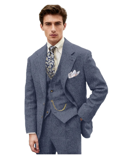 3 Piece Grey/Brown Mens Tweed Herringbone Wedding Suit Prom Tuxedos Peak Lapel Tweed for Business Slim Fit (Blazer+Vest+Pants)