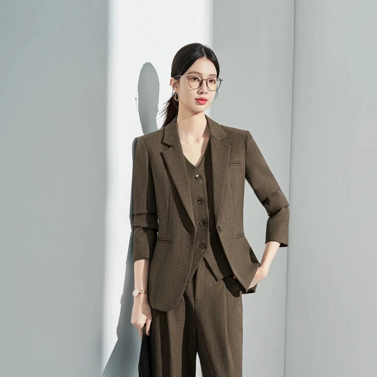 Formal Office Lady Slim Fit 2 Piece Suits Autumn Dark Brown Single Button Blazer And Pants Elegant Business Female Work Wear