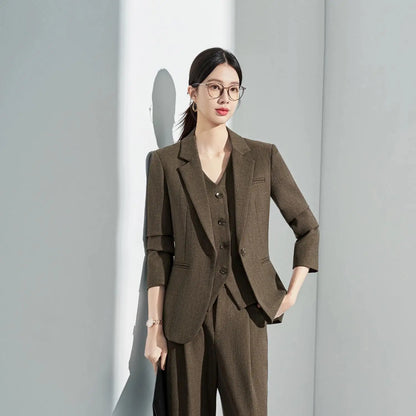 Formal Office Lady Slim Fit 2 Piece Suits Autumn Dark Brown Single Button Blazer And Pants Elegant Business Female Work Wear