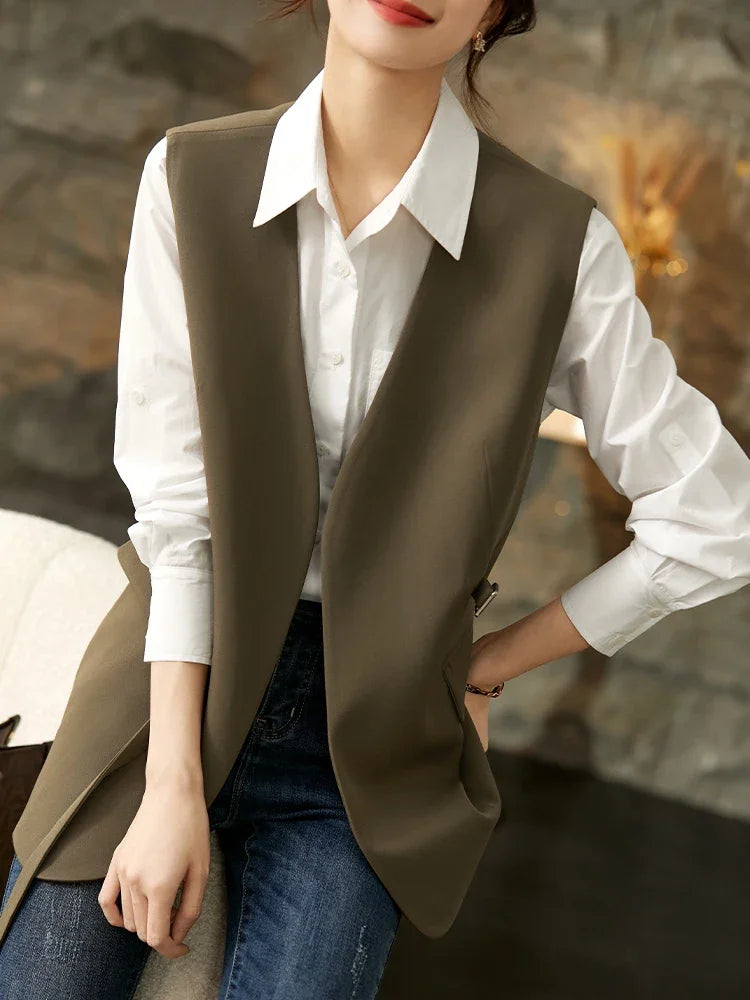 Elegant Waistcoat for Women 2024 Spring Office Wear Fashion Jacket Vest Sleeveless Straight V-neck Blazer 161JA6877X