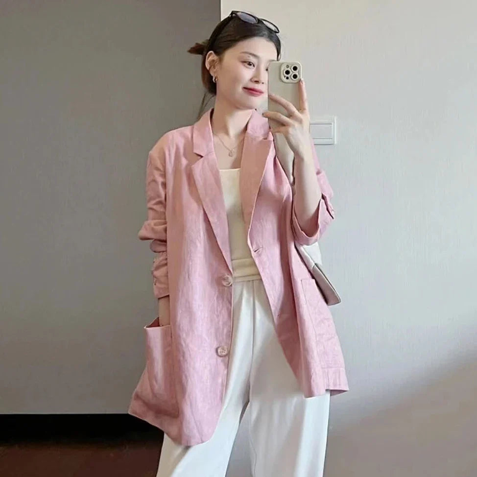 Cotton Linen Suit Jaet Women's Summer New Korean Design Casual Loose Long Sve Top Commute Sle Thin Single Button