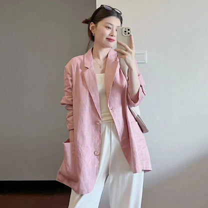 Cotton Linen Suit Jaet Women's Summer New Korean Design Casual Loose Long Sve Top Commute Sle Thin Single Button
