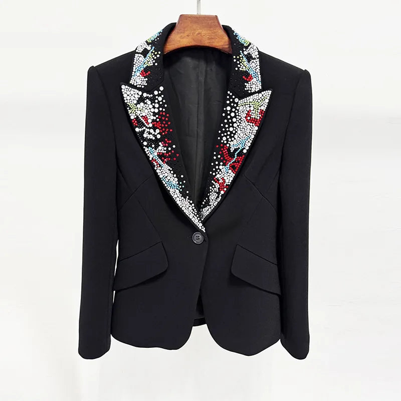2026 Spring New Women Blazer Studded Colorful Diamonds Single Button Slim Fit Elegant Trend Office Lady Luxury Coat HK17503